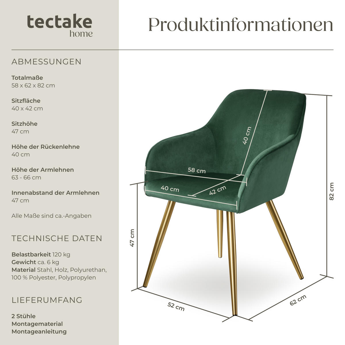 ESSZIMMERSTUHL 2er Set Marilyn 58 x 62 x 82 cm dunkelgrün/gold - Dunkelgrün/Goldfarben, Textil (58/82/62cm) - tectake