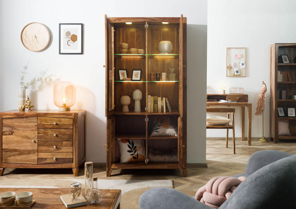 VITRINE Sheesham 100x45x200 braun lackiert ANCONA #135 - Braun, Holz (100/200/45cm) - Massivmoebel24