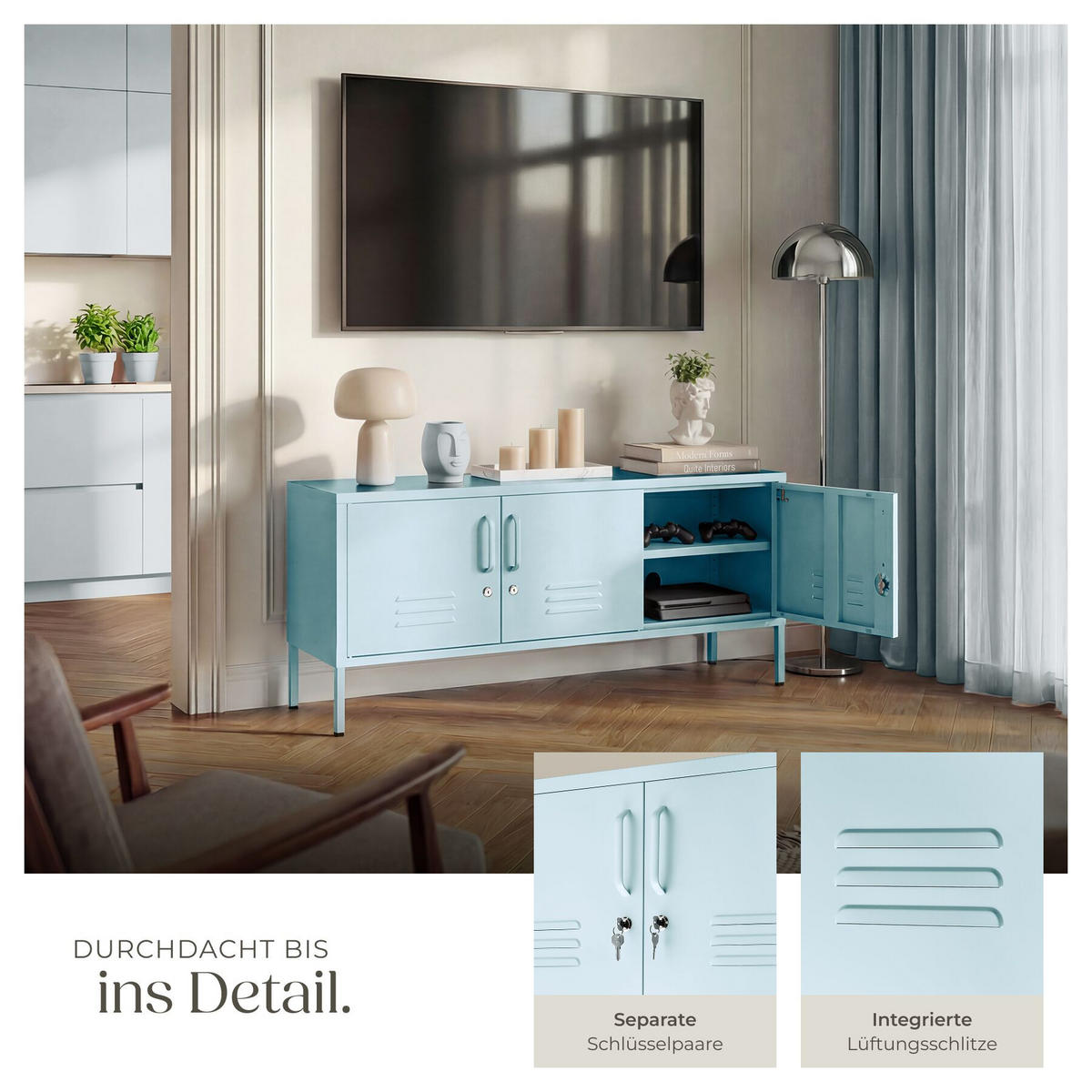 SIDEBOARD Baker, Kippschutz, höhenverstellbare Füße, grau/blau - Blau/Grau, Metall (120/55.5/37.5cm) - tectake