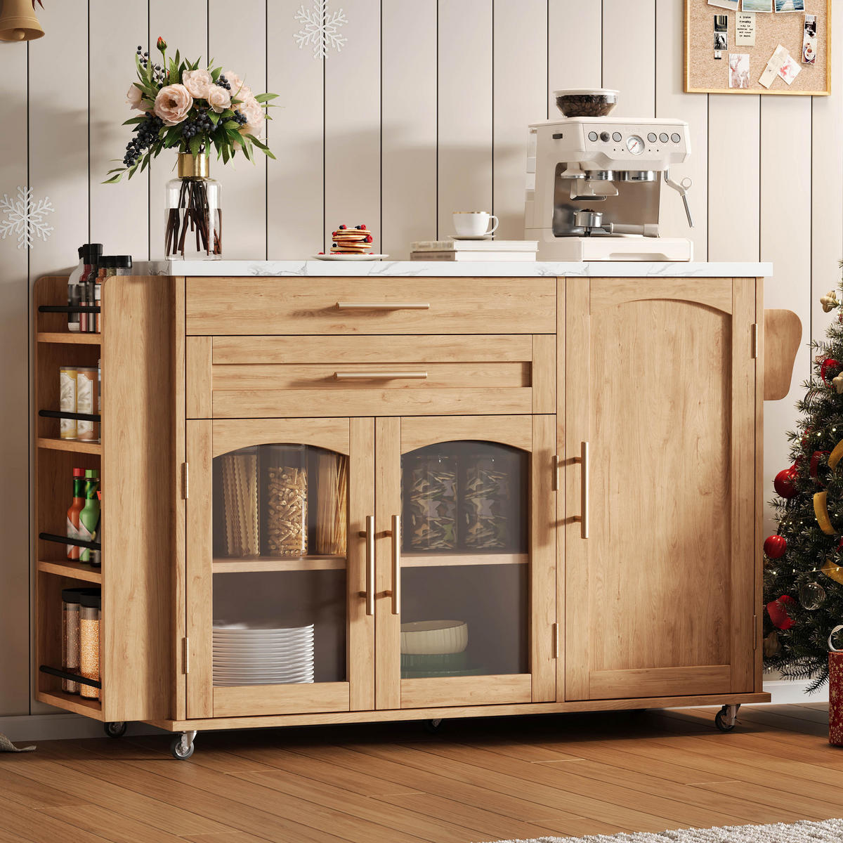 KÜCHENINSEL in Weiß und Naturfarbe Servierwagen mit Besteckschublade für Küchen und Wohnzimmer, B120/T45 (70)/H90 cm - Naturfarben, Holzwerkstoff (138/90/70cm) - STILVORA