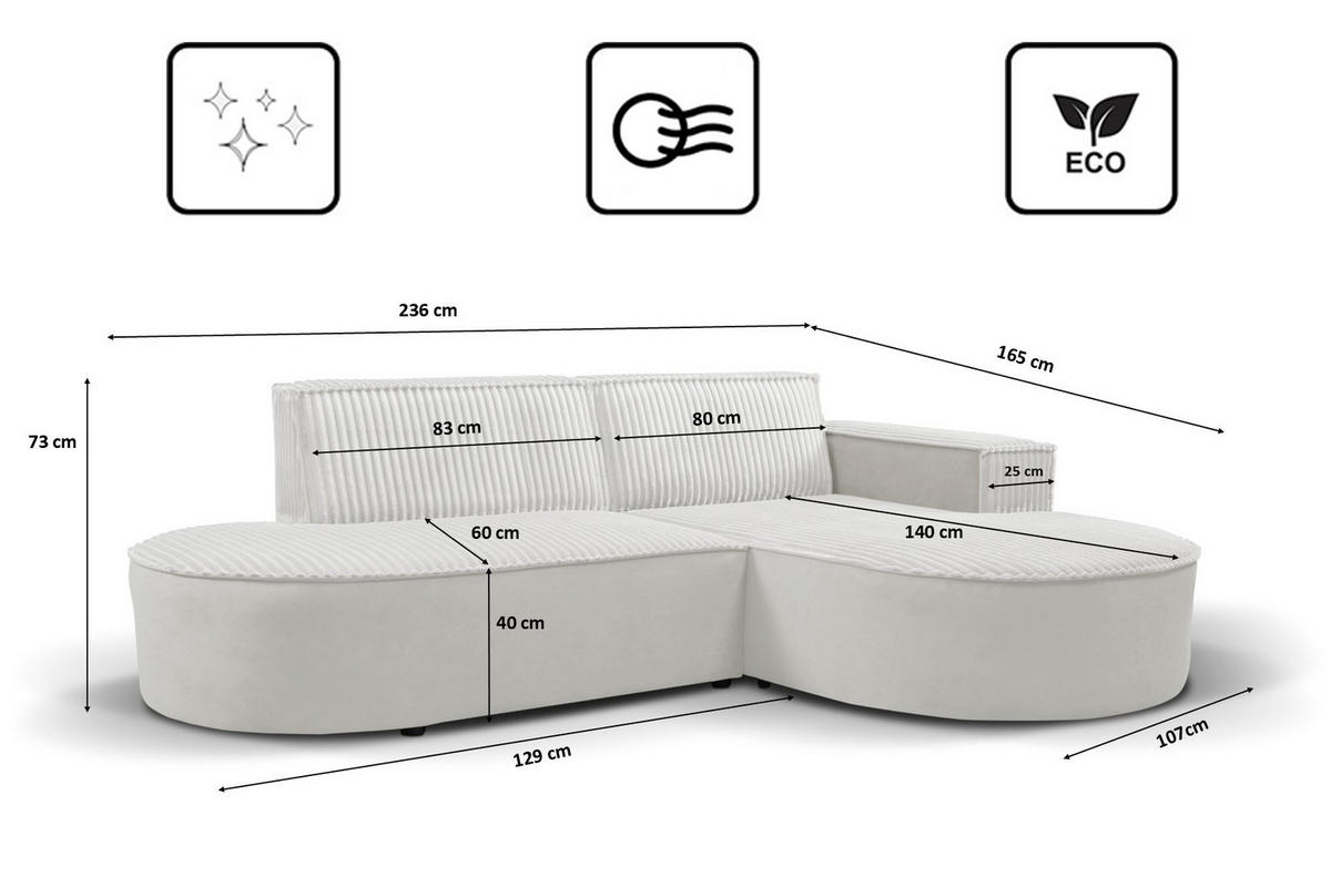 ECKSOFA L-förmiges Modena Soft Ecru Rechts - Ecru, Holz (236/165cm) - Kaiser Möbel