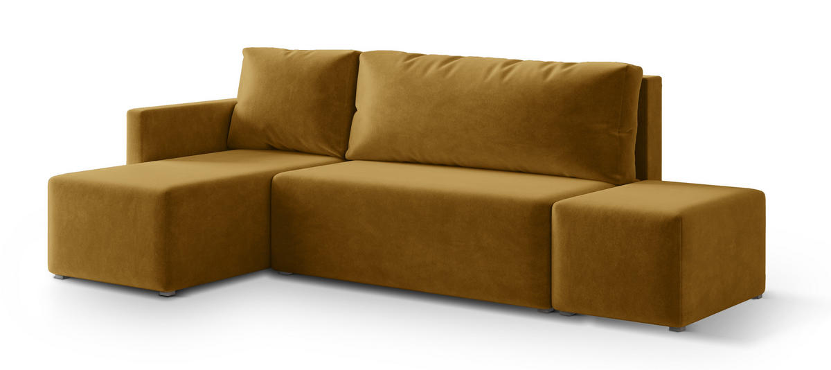 ECKSOFA VELOTTI L-S Gelb Plüsch-Stoff mit Schlaffunktion - Gelb, Holz (261/143cm) - MASSENO