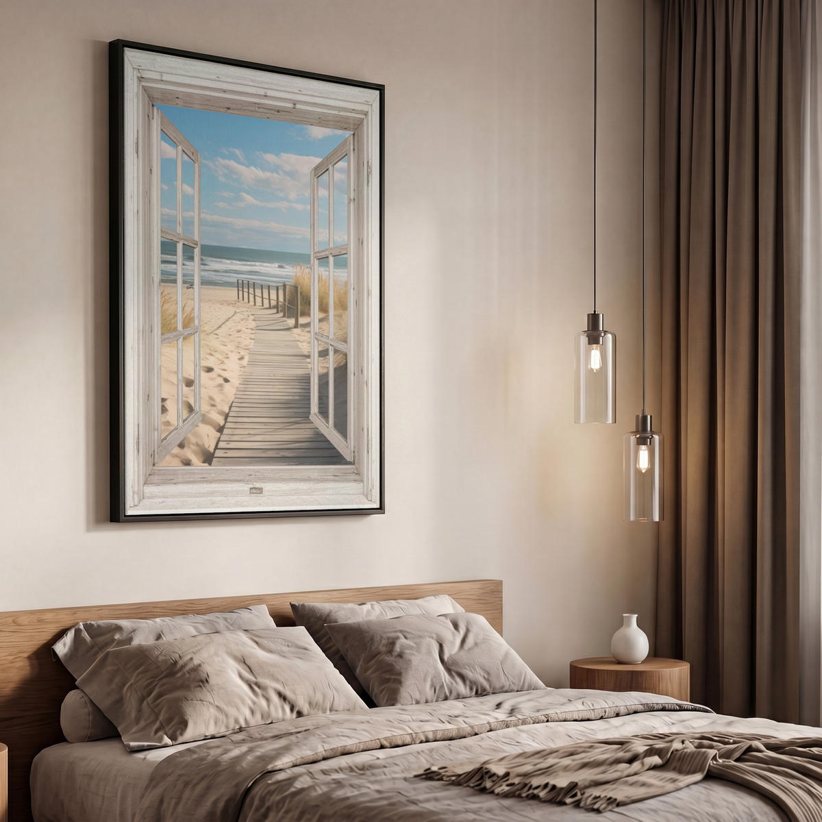 LEINWAND Bilder mit Rahmen - Fenster - Meer - Küste - Natur - Ausblick - Strand - Wattenmeer - 60x90 - Beige, Textil (60/90cm) - MuchoWow