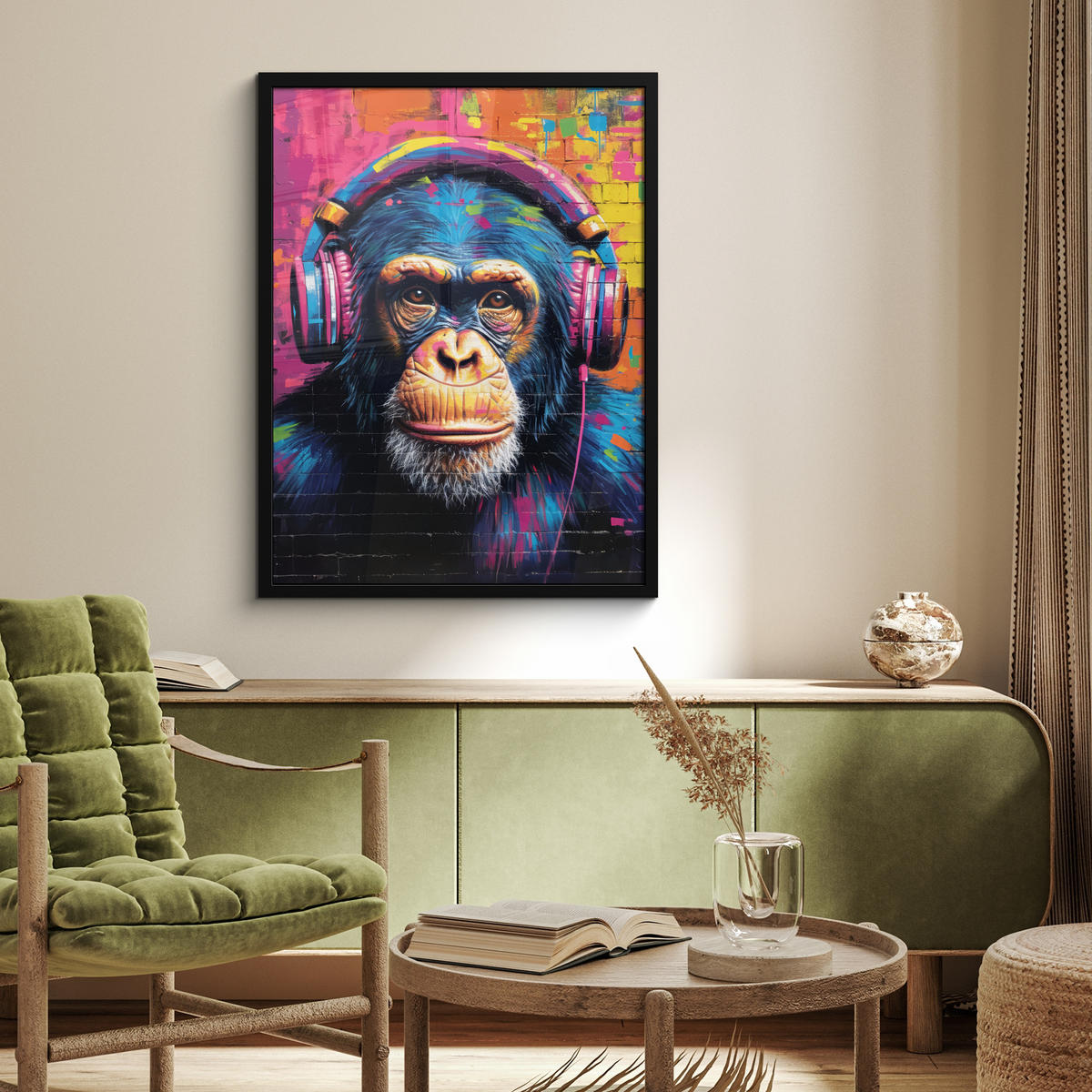 GERAHMTES BILD Graffiti - Schimpanse - Straßenkunst - Kopfhörer - Affe 60x80 cm - Blau, Papier (60/80cm) - MuchoWow