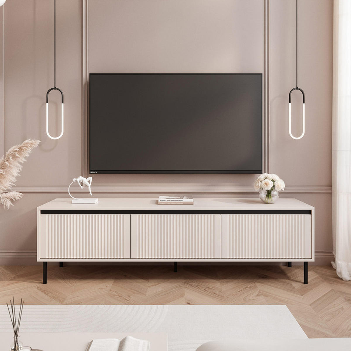 TV-LOWBOARD LIRA stehend, 179 cm Sandbeige - Beige/Schwarz, Holzwerkstoff/Metall (179/50/40cm) - Idohome