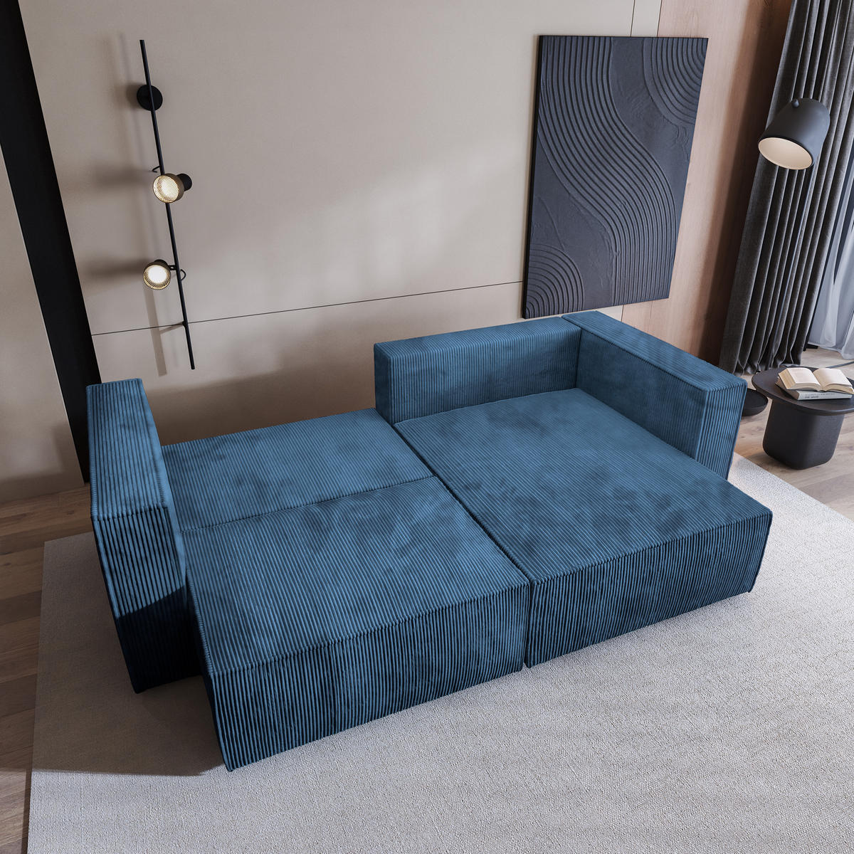 ECKSOFA NERIO P Blau Kordstoff mit Schlaffunktion - Blau, Holz (245/148cm) - MASSENO