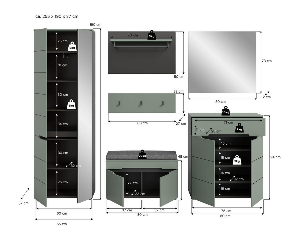 GARDEROBE inkl. Sitzkissen Nova 6-tlg. (B/H/T: ca. 255/190/37 cm) in Basalt grau/Smoke Green - Grau, Holzwerkstoff (255/190/37cm)