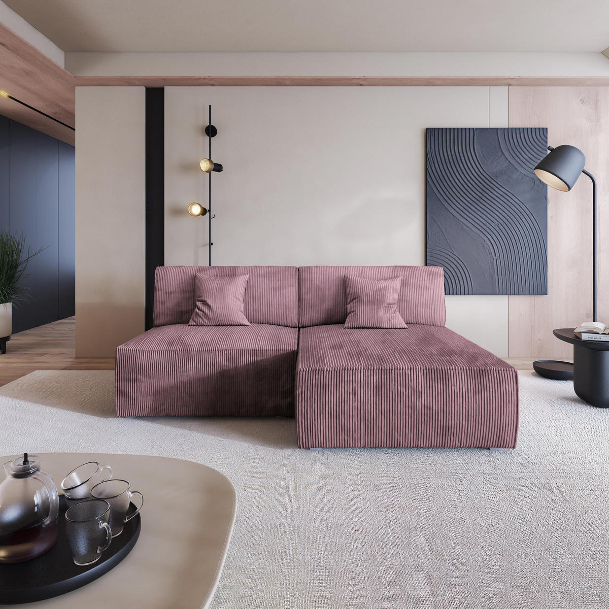 ECKSOFA FIORO P Lila Kordstoff mit Schlaffunktion - Lila/Grau, Holz/Kunststoff (204/148cm) - MASSENO