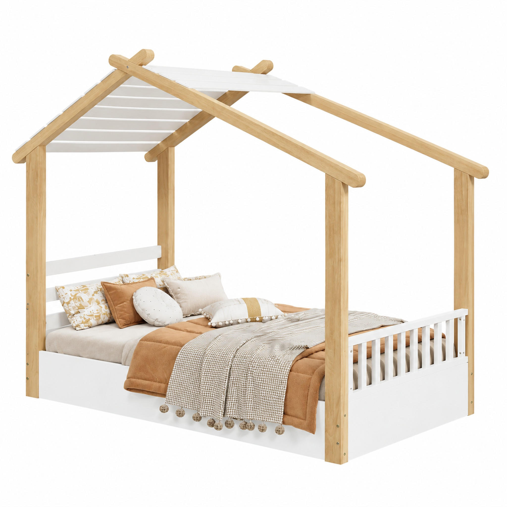 KINDERBETT im Hausdesign 90x200 cm Weiß/Natur - Weiß, Holz (90/200cm) - Meubliv