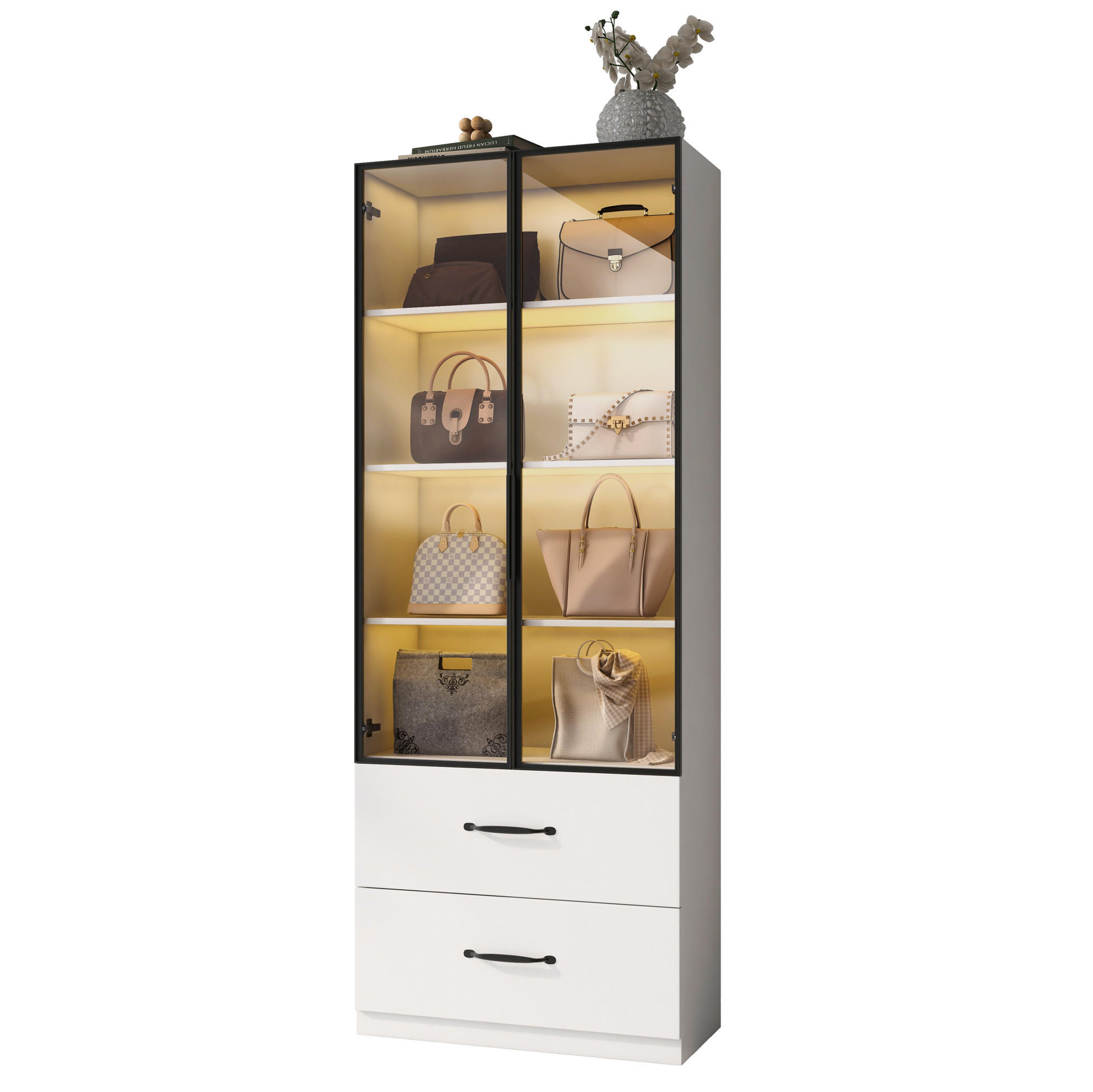VITRINE aus Spanplatte 60x40x160cm in Weiß mit LED & Schubladen - Weiß, Holzwerkstoff (60/160/40cm) - Modfu