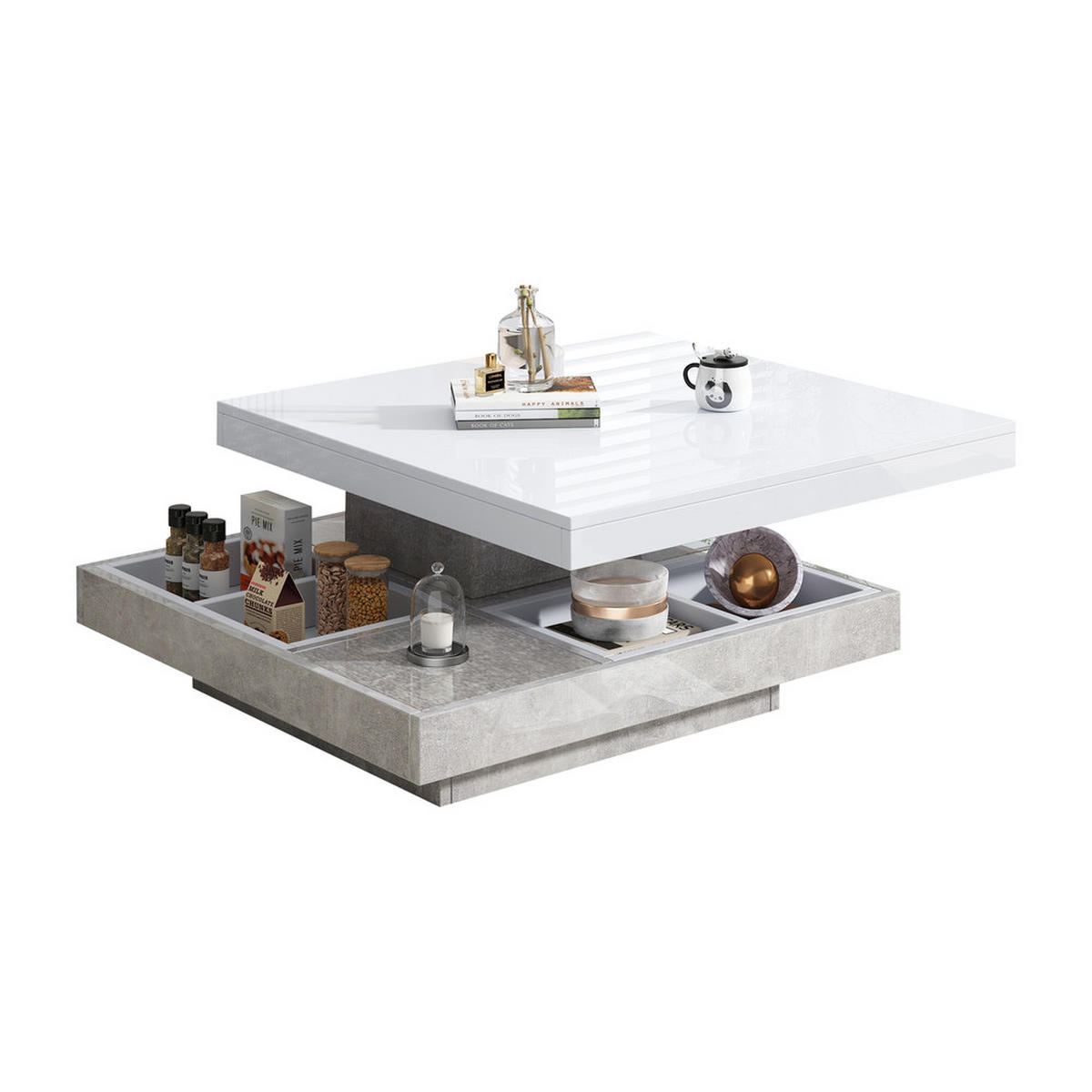 COUCHTISCH Doppel 360° Drehbar Weiß Marmoroptik Hochglanz Ablagefach - Weiß, Holz (82.55/80.65/15.24cm) - FLIEKS