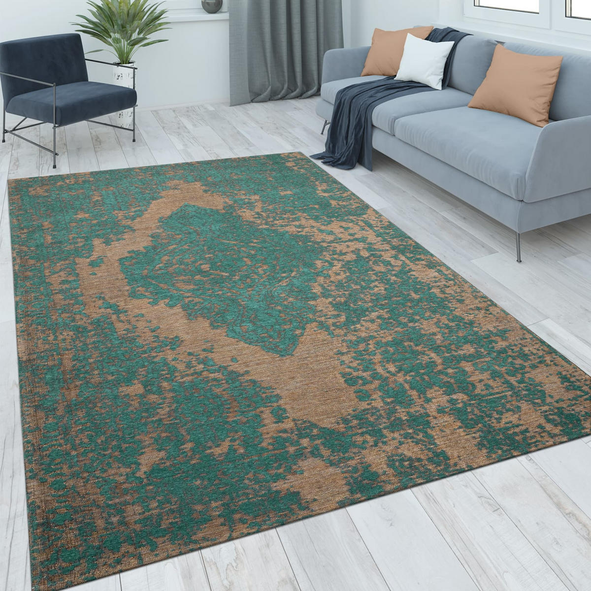 TEPPICH Kurzflor Vintage Wohnzimmer schmutzabweisend Türkis Rechteckig 160x230 - Blau, Textil (160/230cm) - KADIMA DESIGN