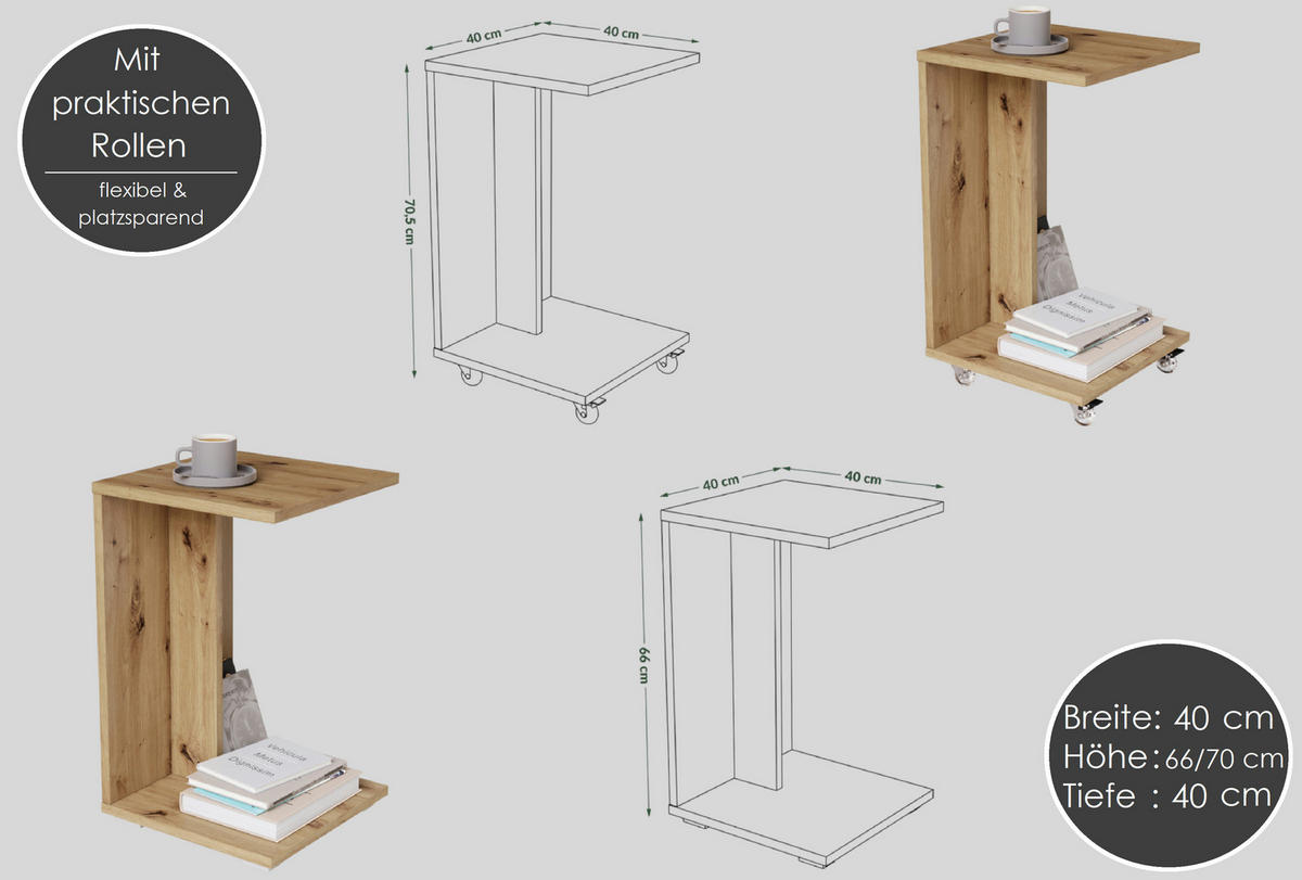 BEISTELLTISCH Rechteckig Eiche Gold mit Ablage und Rollen - Eichefarben, Holzwerkstoff (40/40/66cm) - designimpex