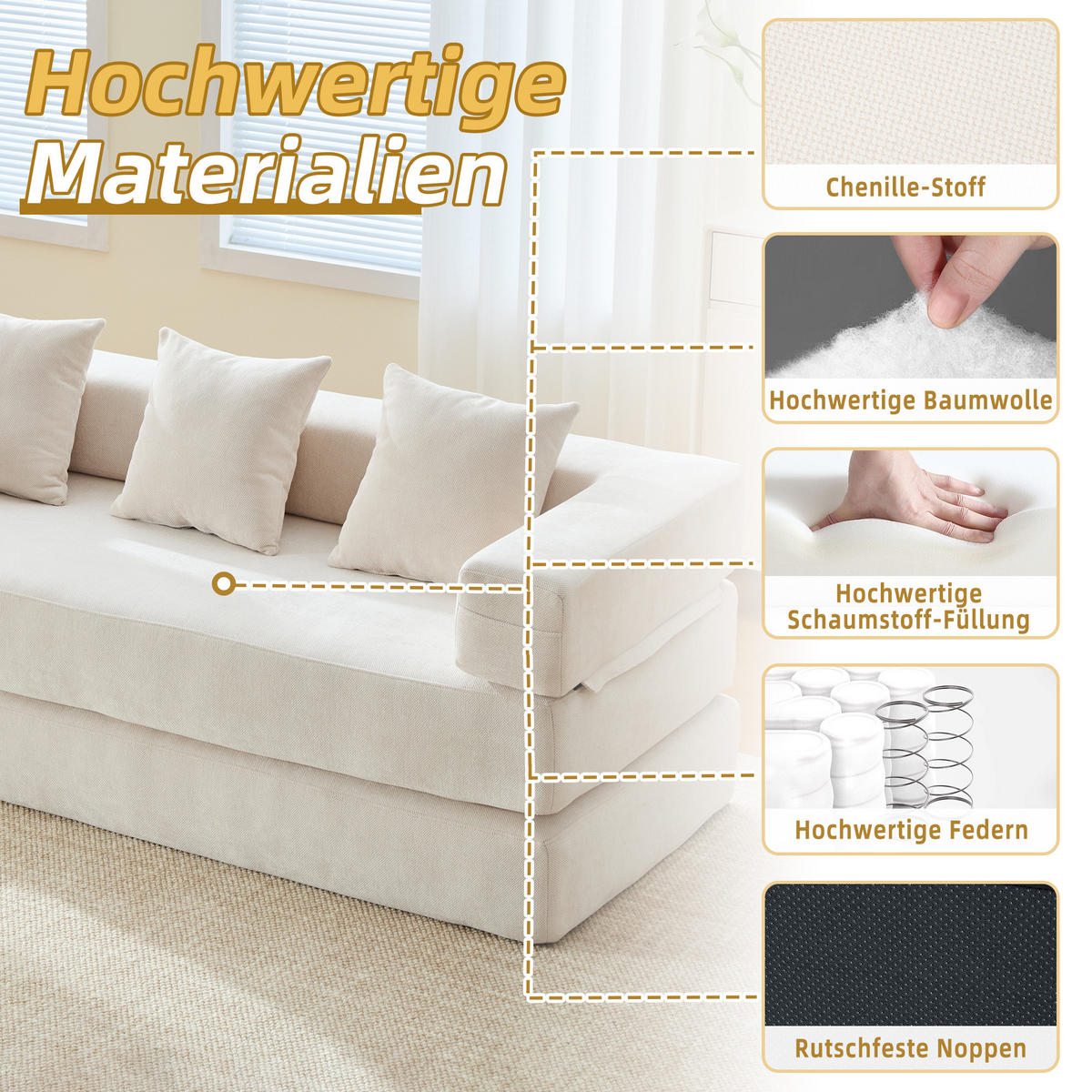 3-SITZER SOFA Chenille Beige mit Seitentaschen, Reißverschluss und rutschfester Unterseite - Beige, Holzwerkstoff/Textil (198/60/79cm) - WISHDOR