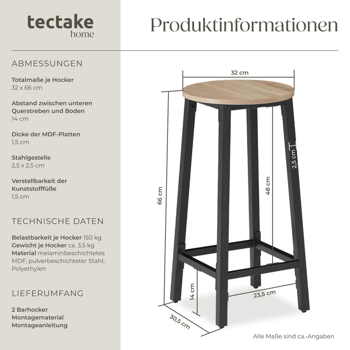 BARHOCKER 2er Set Corby,Sitzhöhe 66 cm,Industrial Holz hell - Naturfarben, Holz (32/66/32cm) - tectake