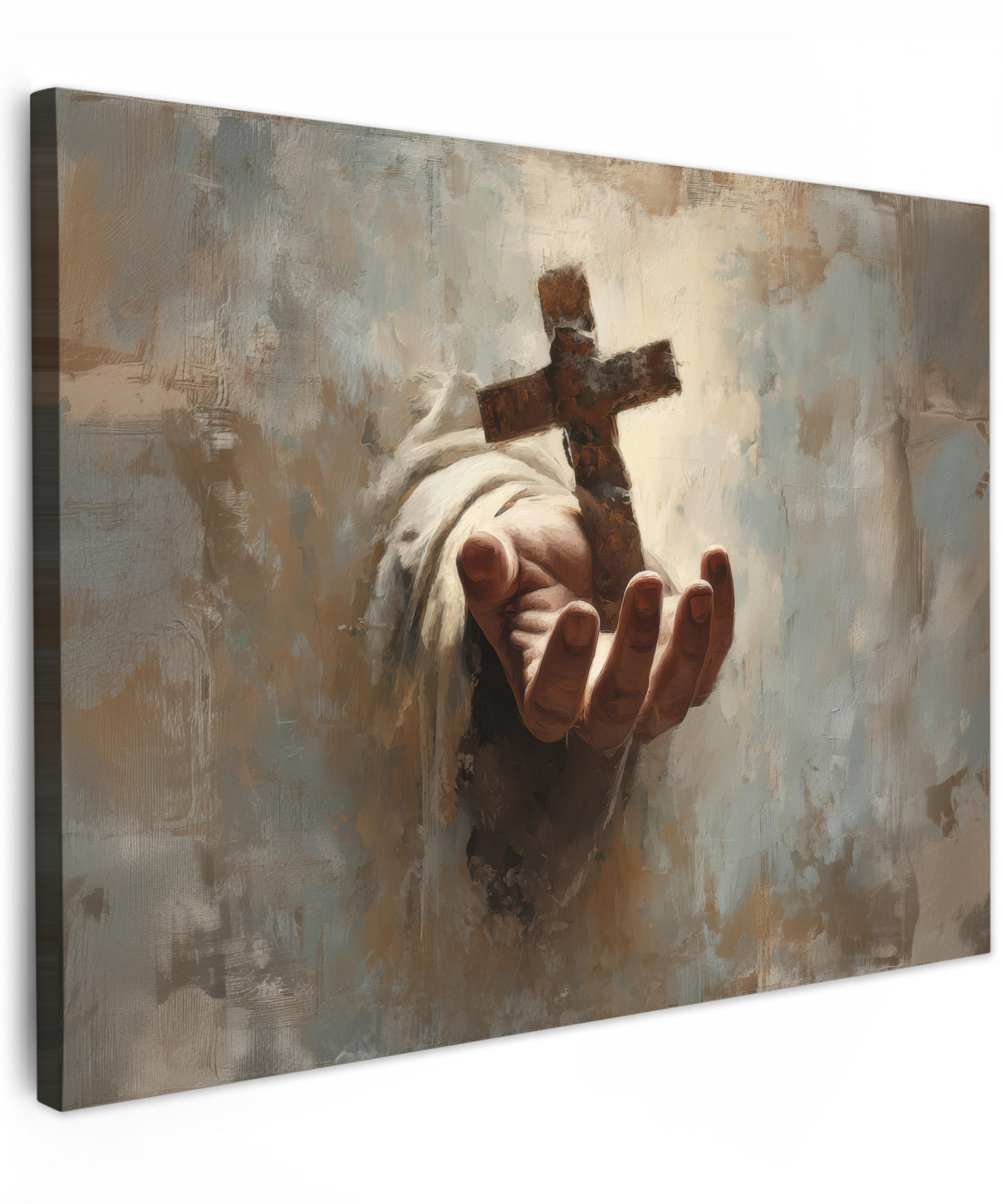 LEINWANDBILD Abstrakt - Kreuz - Hand - Christentum Wandbild 40x30 cm - Hellbraun, Textil (40/30cm) - MuchoWow