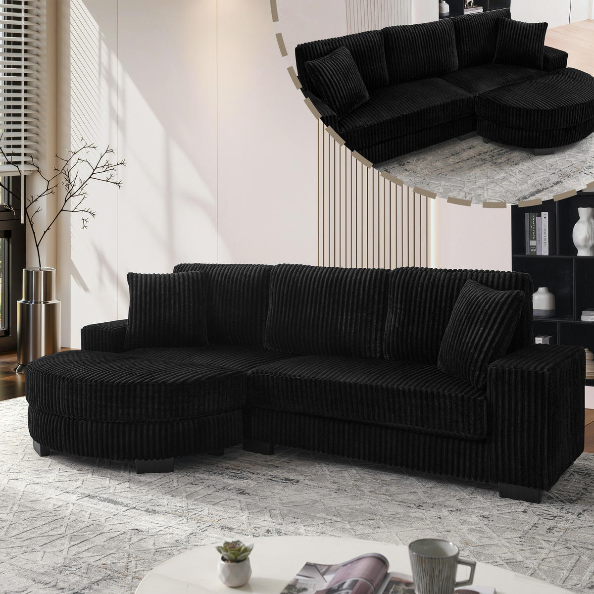 ECKSOFA 256.5/133.5/89 cm Schwarz Cord mit 2 Kissen und ovaler Fußhocker - Schwarz, Textil (133.5/89/256.5cm) - Oxeza