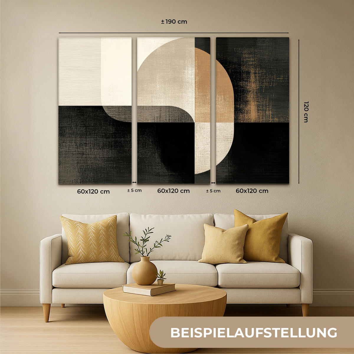 LEINWANDBILD 3er Set Formen - Abstrakt - Gold 180x120 cm - Schwarz, Textil (180/120cm) - MuchoWow