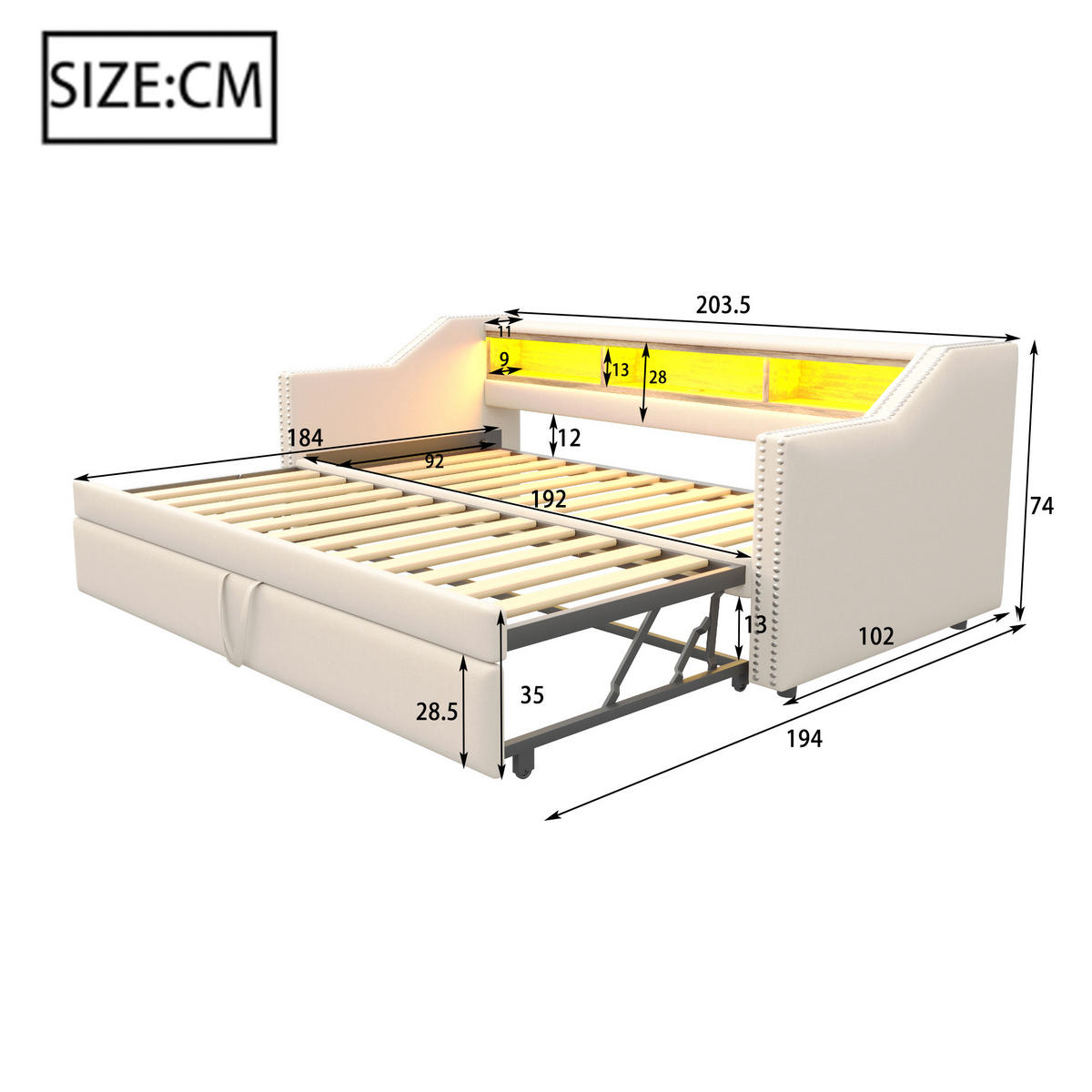 BETT Ausziehbar mit USB-Anschlüssen und LED-Beleuchtung Beige 90/190 cm - Beige, Textil (90/190cm) - OKWISH