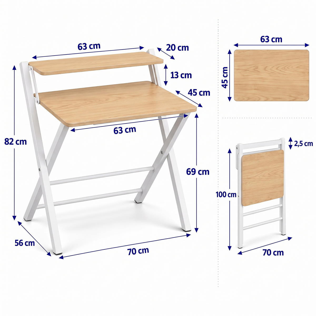 SKRIVBORD Vitt hopfällbart - Vit, Träbaserade material/Metall (56/70/82cm) - Relaxdays