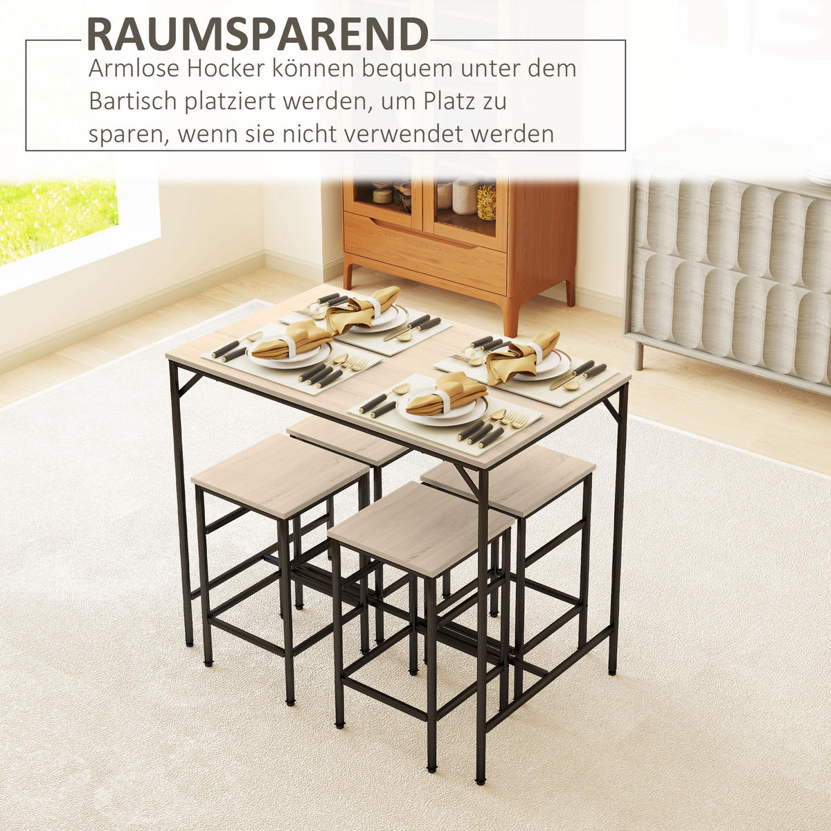 BARTISCH-SET 5-teilig DE-08022 mit 4 Barhockern, Stahl Eiche - Eichefarben, Metall (60/88/100cm) - ComfortXL