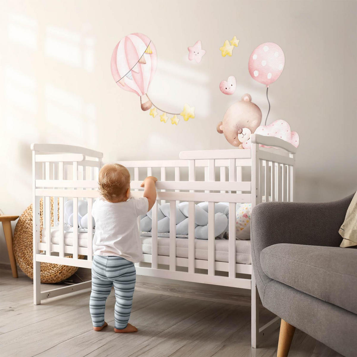 WANDAUFKLEBER 130x121cm - Teddybär-Luftballons und Sterne - Multicolor, Kunststoff (130/121/0.1cm) - Wallfluent