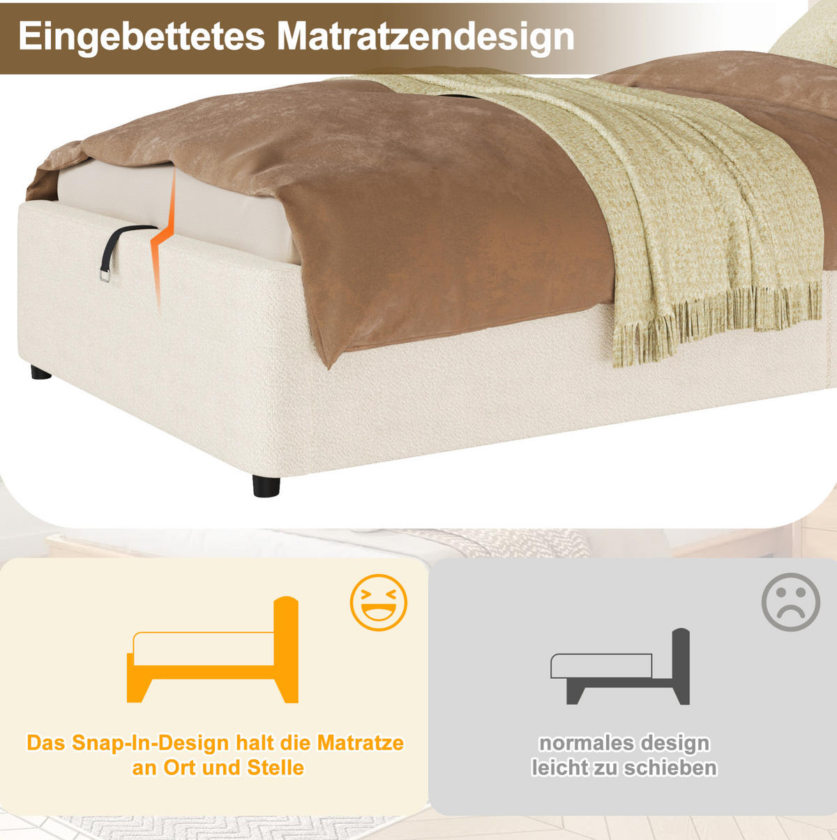 KINDERBETT aus Bouclé 90x200 cm Beige mit Lattenrost und hydraulischem Stauraum - Beige, Holzwerkstoff (90/200cm) - Modfu