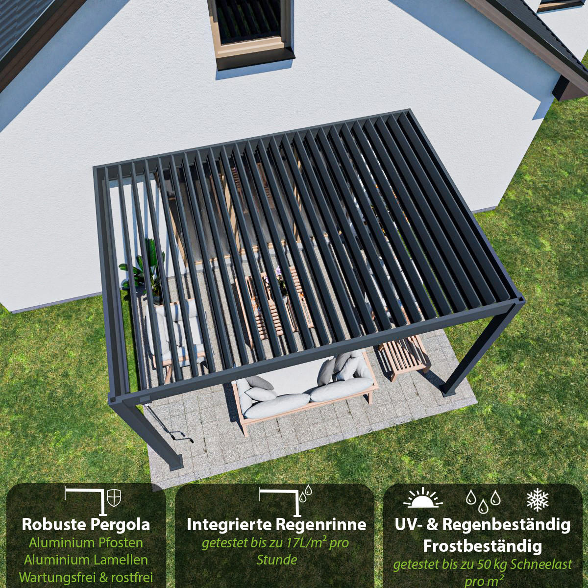 PERGOLA Deluxe Wand Pavillon Terrassenüberdachung Aluminium 3 x 4 M anthrazit - Schwarz, Metall (300/255/400cm) - WEIDE