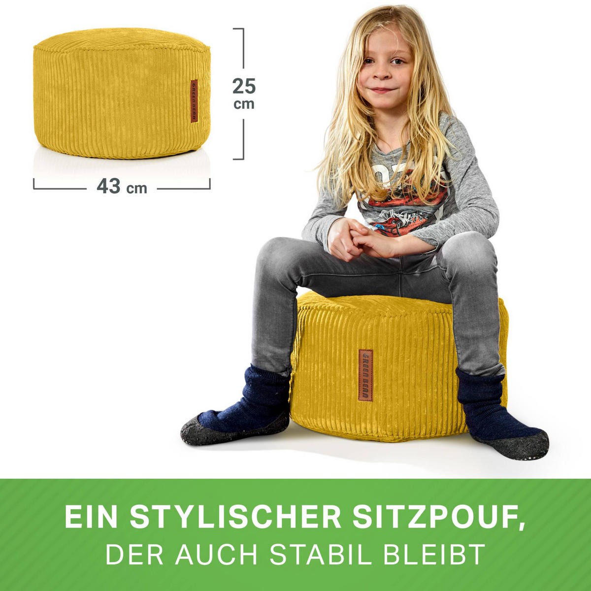 SITZSACK-HOCKER Pouf "Cord" 45x25cm - Gelb, Textil (45/25/45cm) - Green Bean