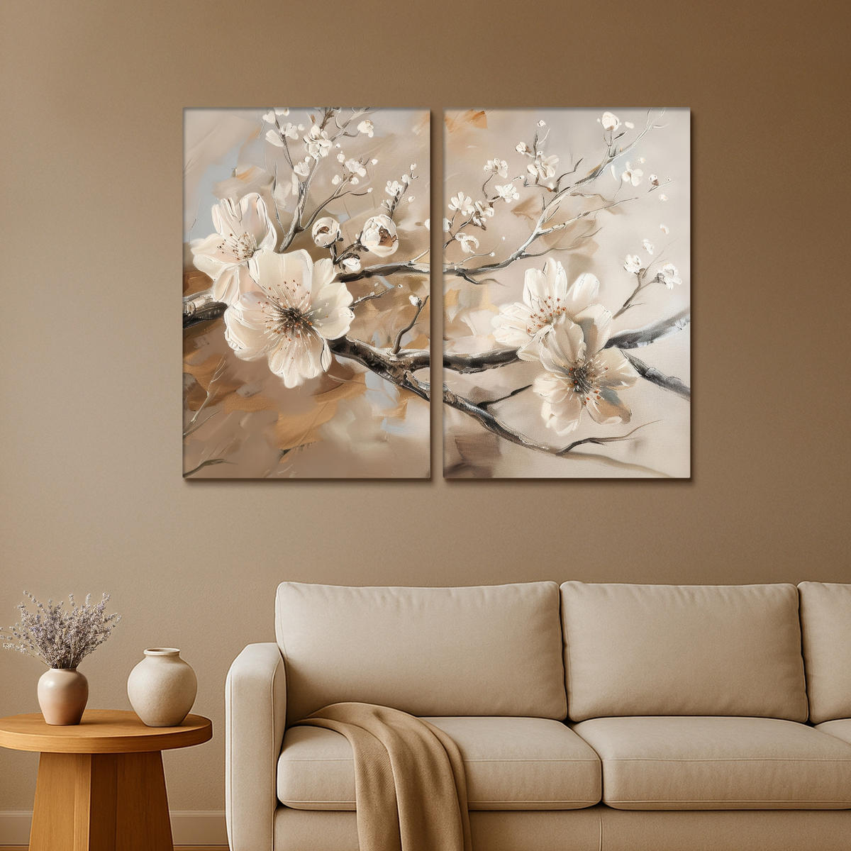 LEINWANDBILD 2er Set Blüte - Beige - Abstrakt - Blumen 160x120 cm - Hellbraun, Textil (160/120cm) - MuchoWow