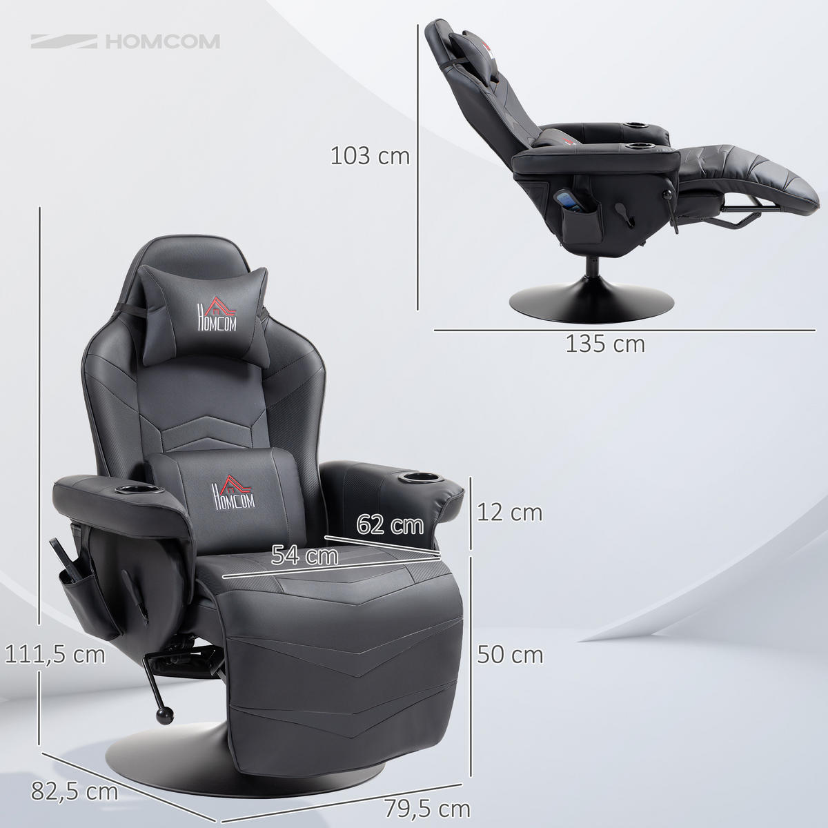 RELAXSESSEL mit Massagefunktion, Kissen, Kunstleder, Schwarz - Schwarz, Leder (82.5/111.5/79.5cm) - HOMCOM