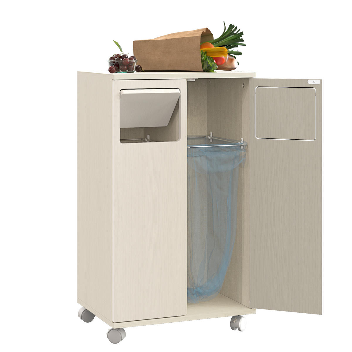 MÜLLSCHRANK DE-38851 46,7/35/80 cm 2 Fächer und Rollen Creme - Creme, Holzwerkstoff (46.7/80/35cm) - ComfortXL