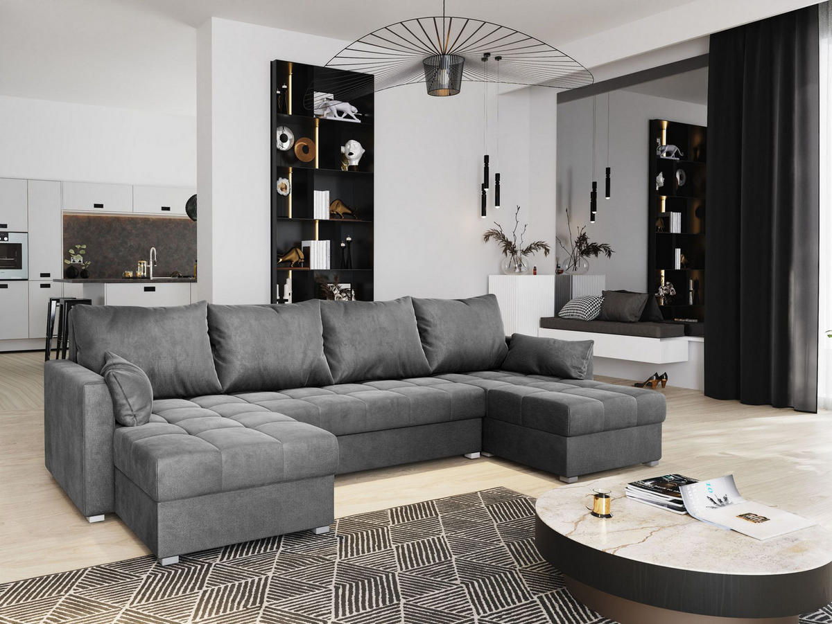 WOHNLANDSCHAFT NAKO M Grau Velours-Stoff mit Schlaffunktion - Grau, Holz (285/85/140cm) - MASSENO