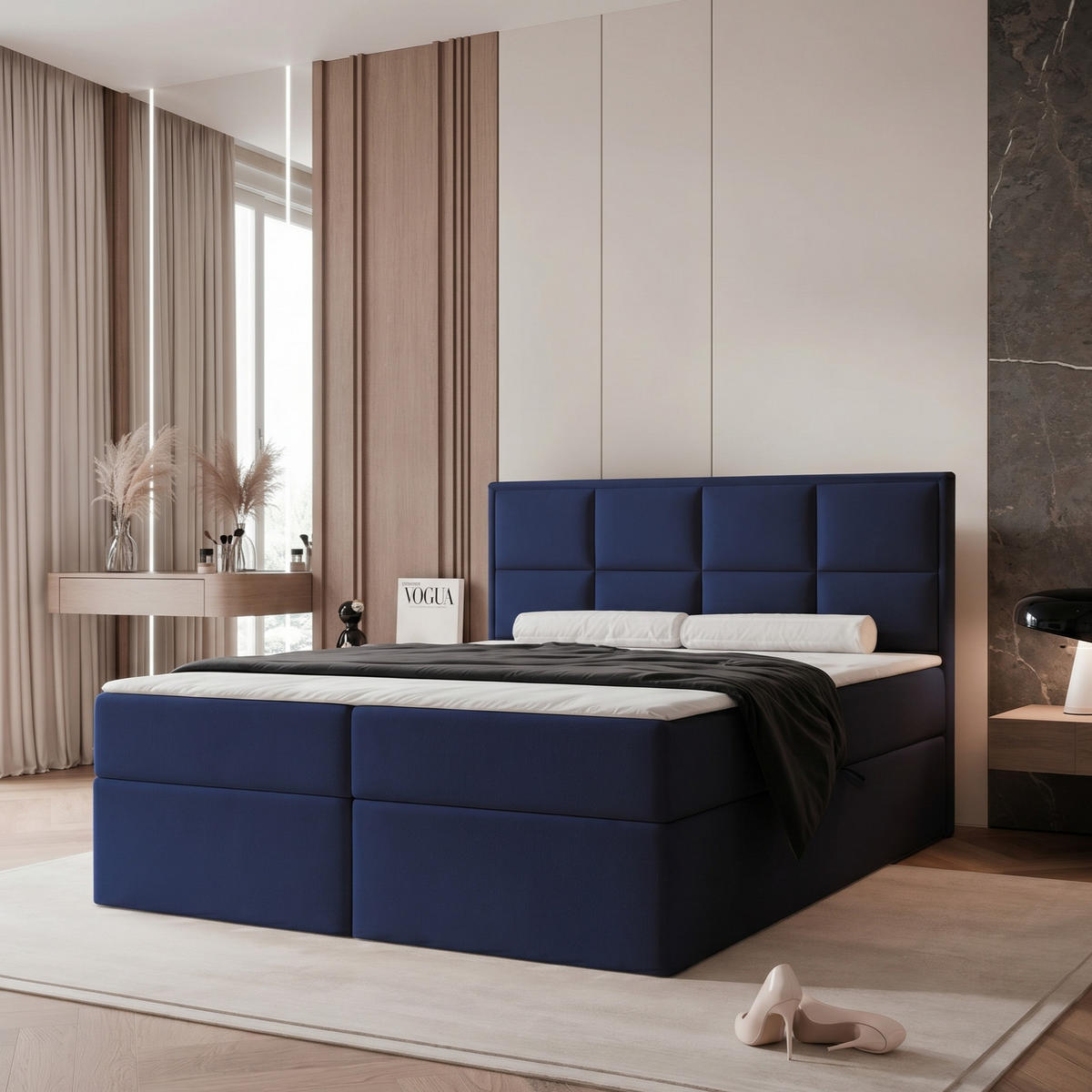 BOXBETT TIOLI 140x200 cm Marineblau (Stoff Magic Velvet) - mit Bettkasten, Bonellmatratze und Paneel-Kopfteil - Dunkelblau, Holzwerkstoff/Textil (140/200cm) - Ravio