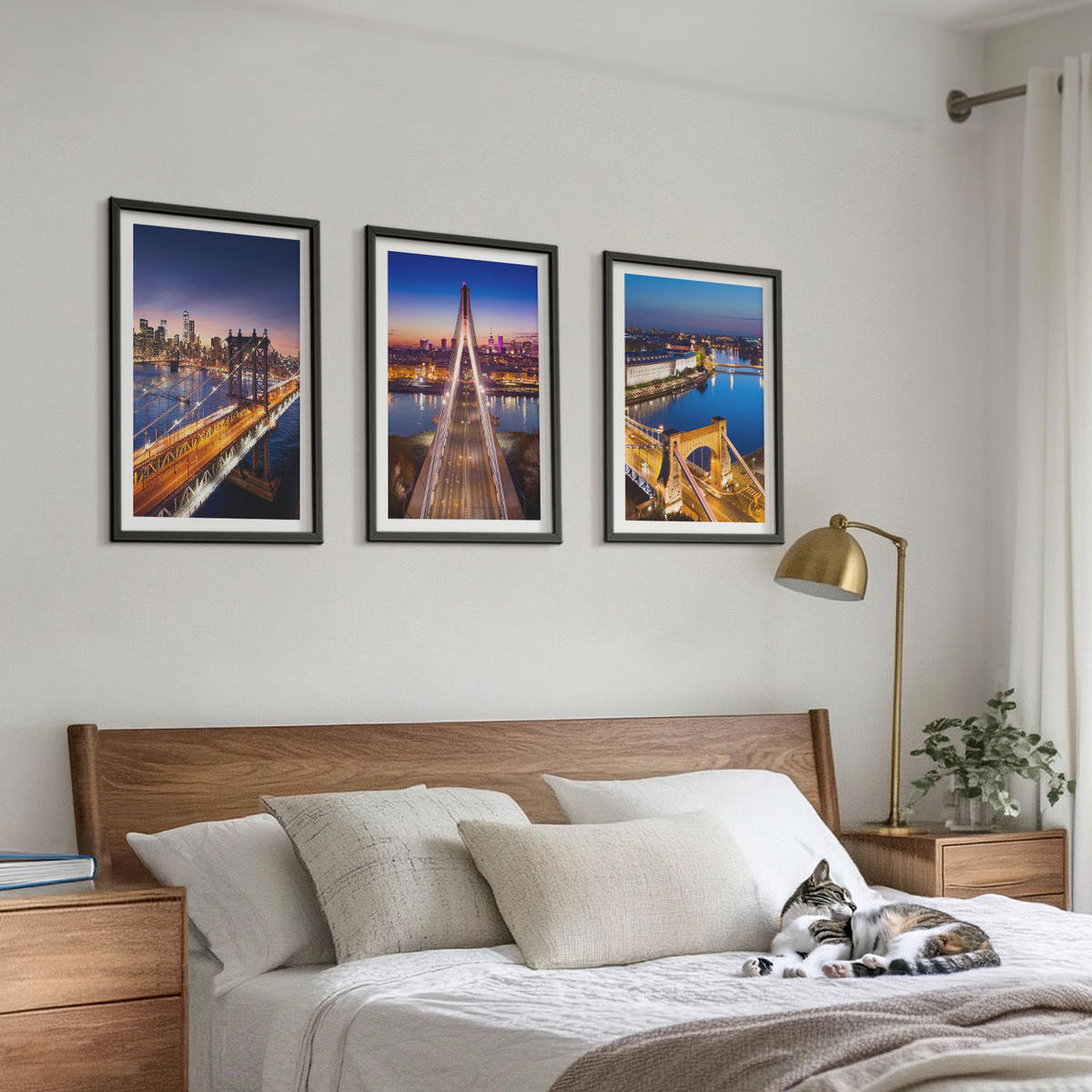 BILDER SET 3er Set - 40x60 cm Schwarzer Rahmen - Städte bei Nacht, Brücken, Flüsse - Schwarz, Kunststoff (40/60cm) - TULUP