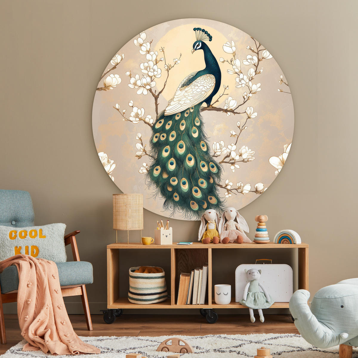 WANDBILD Pfau - Zweig - Blumen 140x140 cm - Champagner, Kunststoff (140/140cm) - MuchoWow