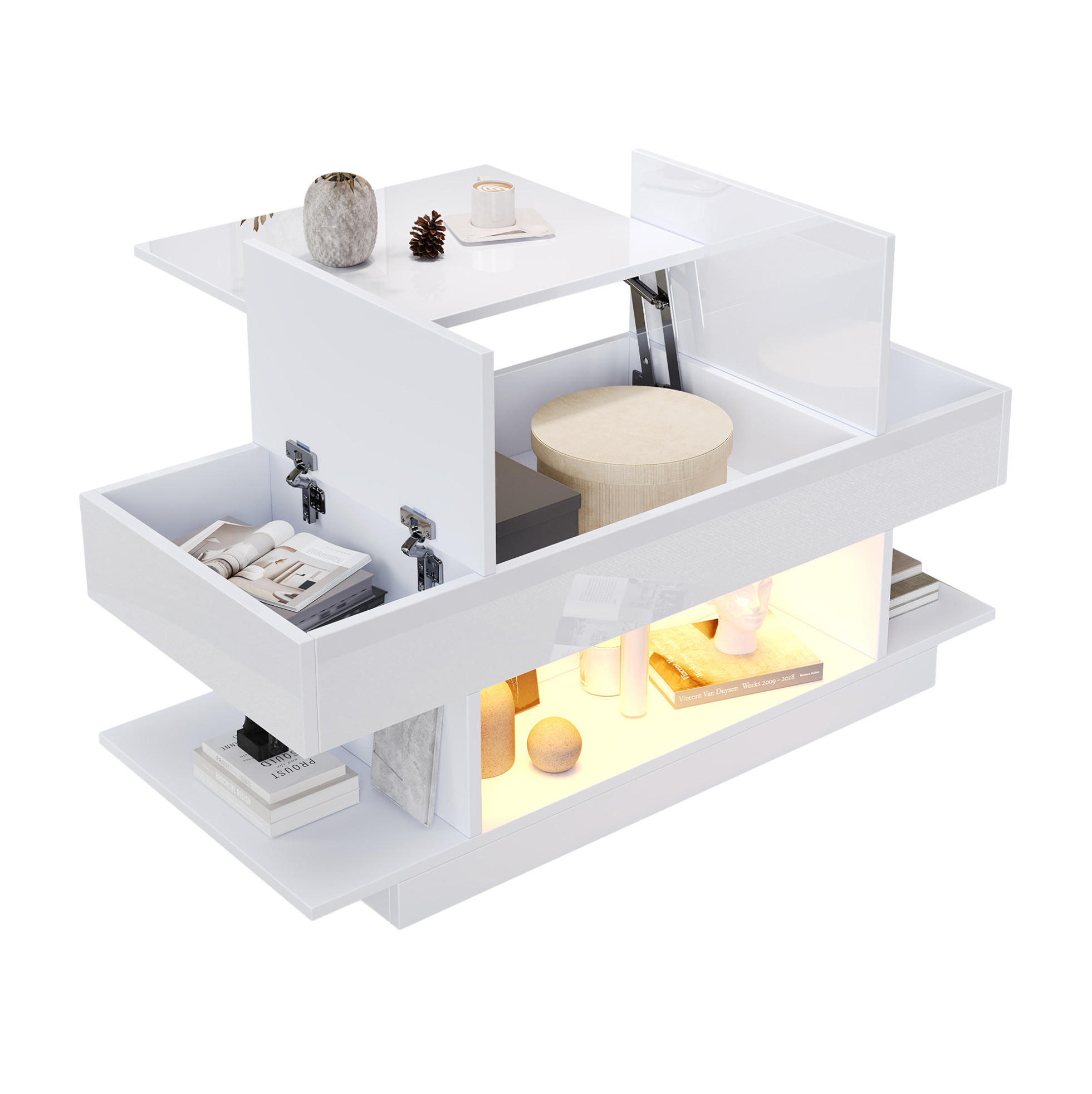 Modfu KONFERENČNÍ stolek z dřevotřísky 98x45x40 cm bílý s výklopnou deskou, LED osvětlením a úložným prostorem