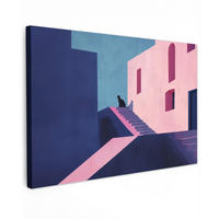 LEINWANDBILD Katze - Treppe - Gebäude - Schattenkontraste Wohnzimmer Groß 120x80 cm - Dunkelblau, Textil (120/80cm) - MuchoWow