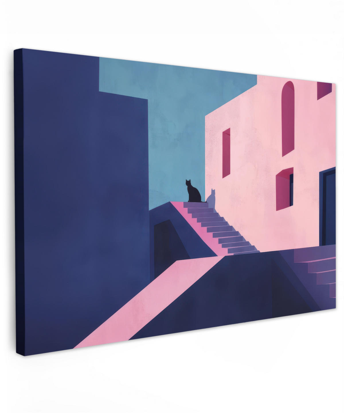 LEINWANDBILD Katze - Treppe - Gebäude - Schattenkontraste Wohnzimmer Groß 120x80 cm - Dunkelblau, Textil (120/80cm) - MuchoWow