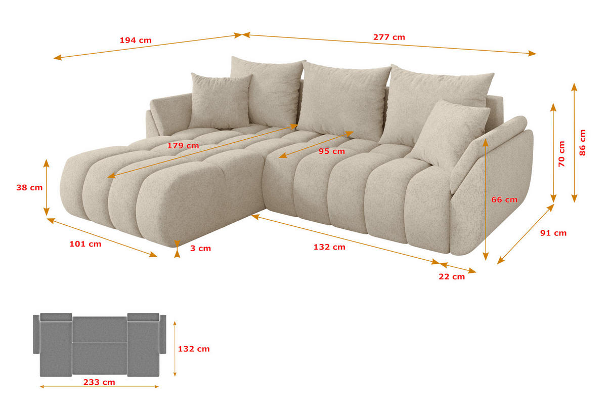 ROHOVÁ SEDAČKA s funkcí spaní, otoman vlevo TOKO-L-v1 277x194x86 krémová velur - černá/krémová, kompozitní dřevo/textil (277/194cm) - ALTDECOR