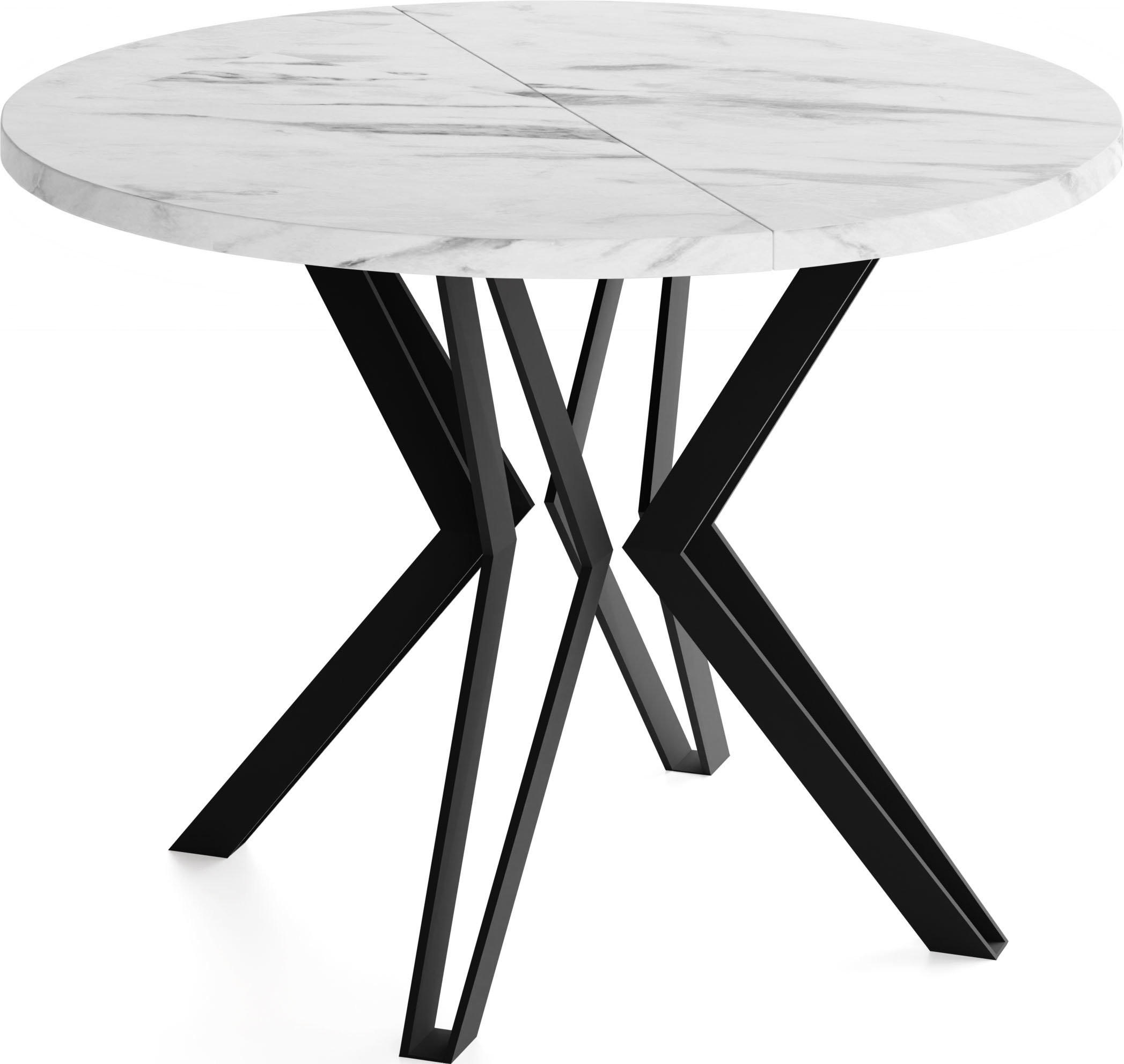 ESSTISCH Revena runder ausziehbarer, Marmor Weiß 100-180/100/76 cm - Ecru/Schwarz, Holzwerkstoff/Metall (100/180/76cm) - WFL GROUP