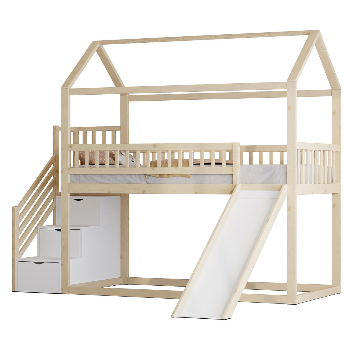 HOCHBETT 90/200 cm aus Holz – mit Rutsche, Stauraumleiter und Rausfallschutz - Weiß, Holz (90/200cm) - BEAOK