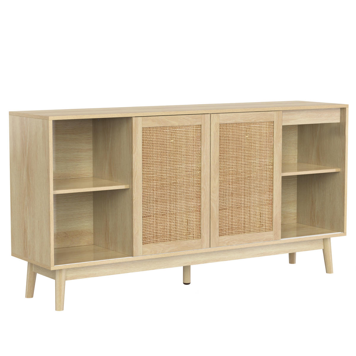 SIDEBOARD in Naturfarben mit Schiebetüren aus echtem Rattan und Schubladen für Wohnzimmer, B155/T38/H80 cm - Naturfarben, Holzwerkstoff (155/80/38cm) - STILVORA