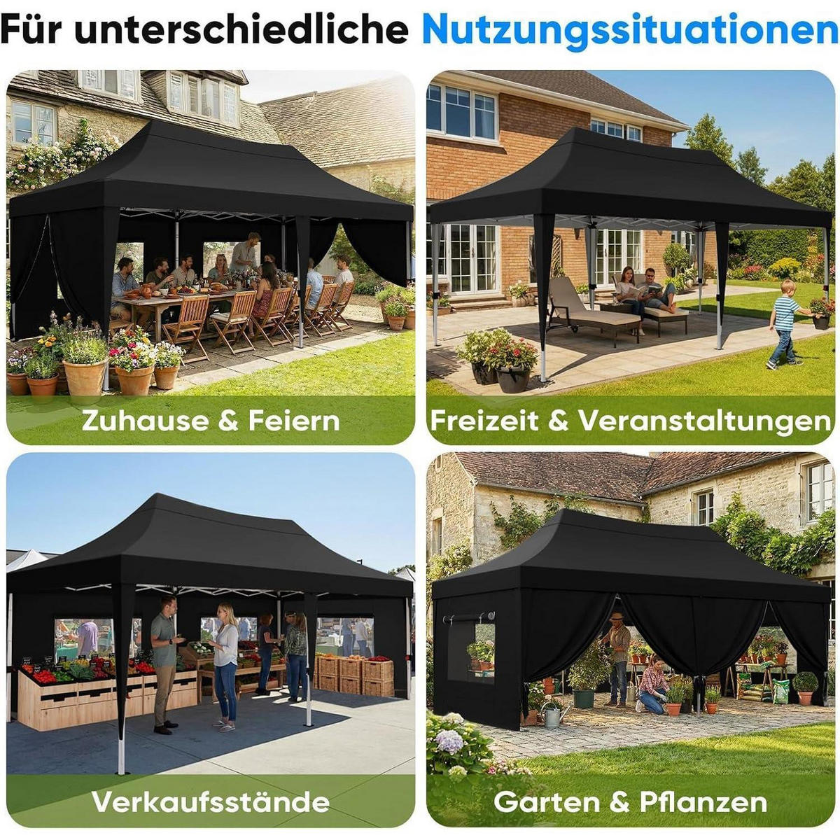 FALTPAVILLON 3x6m wasserdicht mit Seitenwänden UV-Schutz 50+ Stahlrahmen Schwarz - Schwarz, Textil (585/310/293cm)