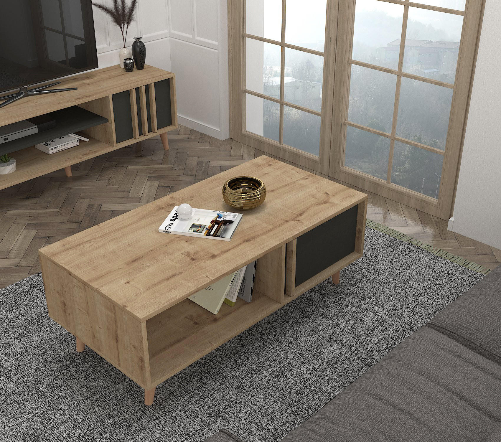 COUCHTISCH Malmo Saphir Anthrazit - Anthrazit/Beige, Holzwerkstoff/Kunststoff (60/120/45cm) - moebel17