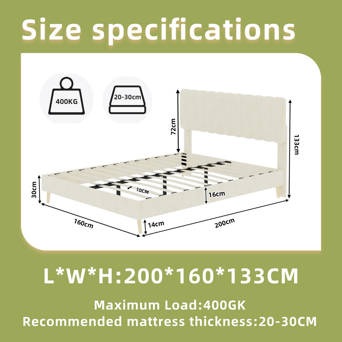 POLSTERBETT 160/200 cm DE-32951 mit hohem Kopfteil und Matratze Beige - Beige, Metall (160/200cm) - ComfortXL