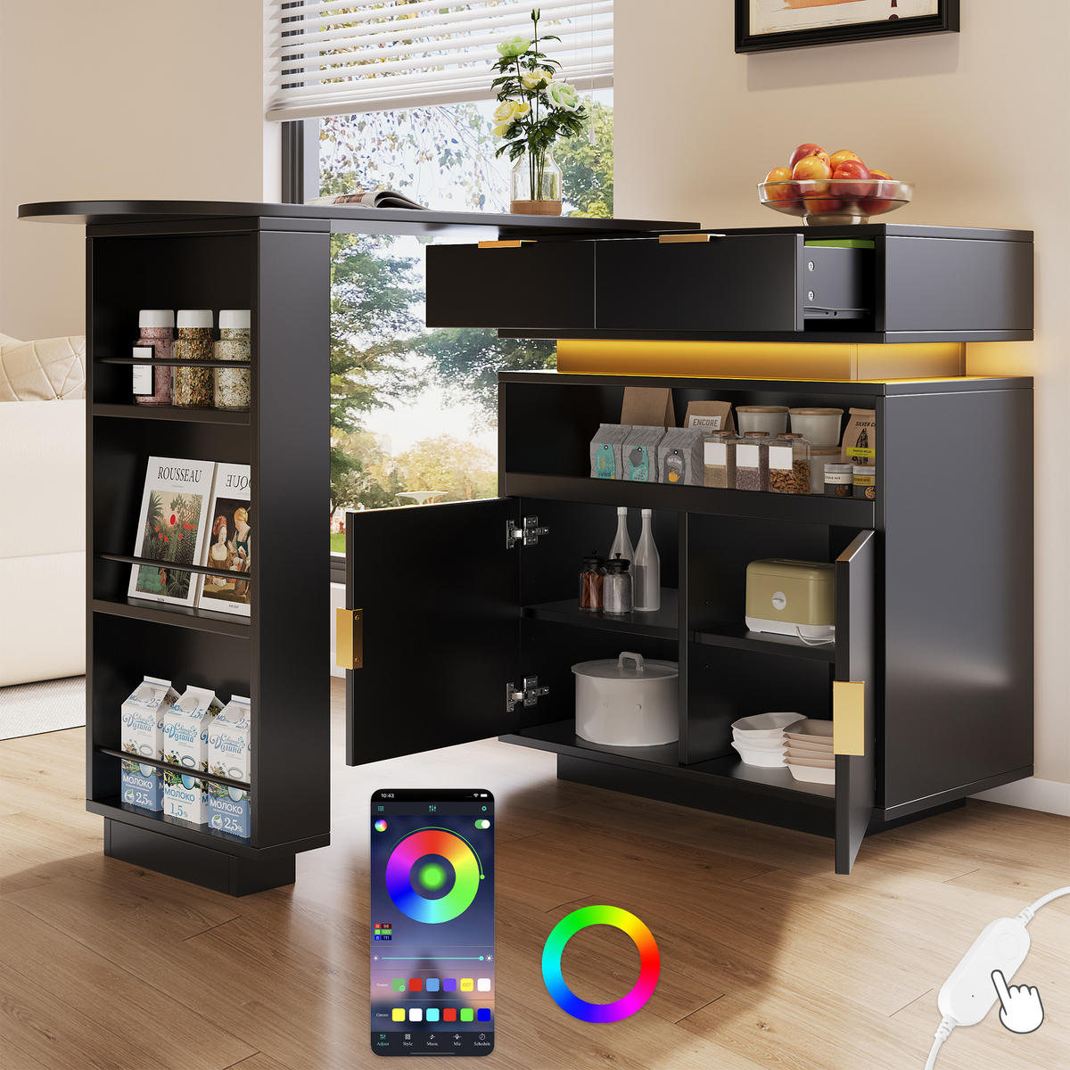 BAROVÝ STŮL s kuchyňským bufetem v černé barvě, otočný o 360° a LED osvětlení - černá, kompozitní dřevo (40/183/90cm) - Urban Meuble