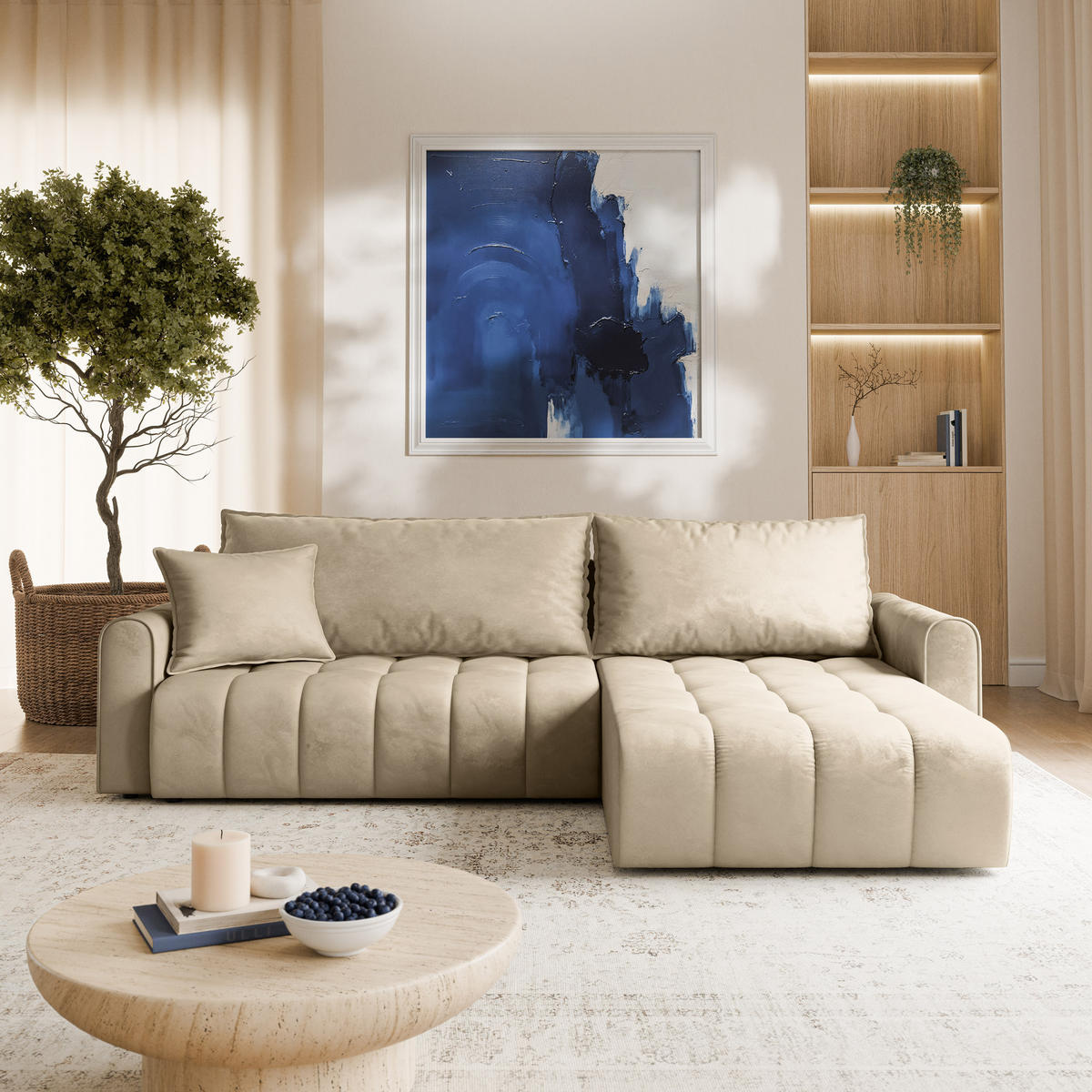 ECKSOFA FRIGA Creme Velours-Stoff mit Schlaffunktion - Creme, Holz (283/185cm) - MASSENO