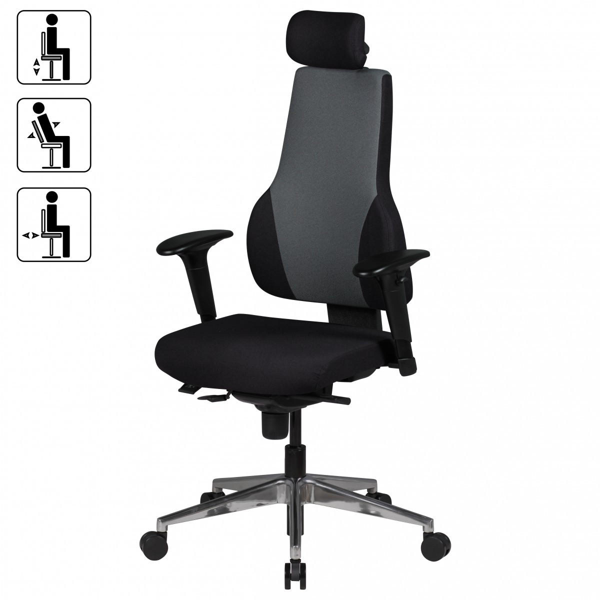 CHEFSESSEL Kunstleder mit 3-Punkt-Synchronmechanik, ergonomischer Rückenlehne, höhenverstellbarer Kopfstütze und Aluminium-Fußkreuz FABIO - Silberfarben/Schwarz, Textil (63/149/63cm) - KADIMA DESIGN