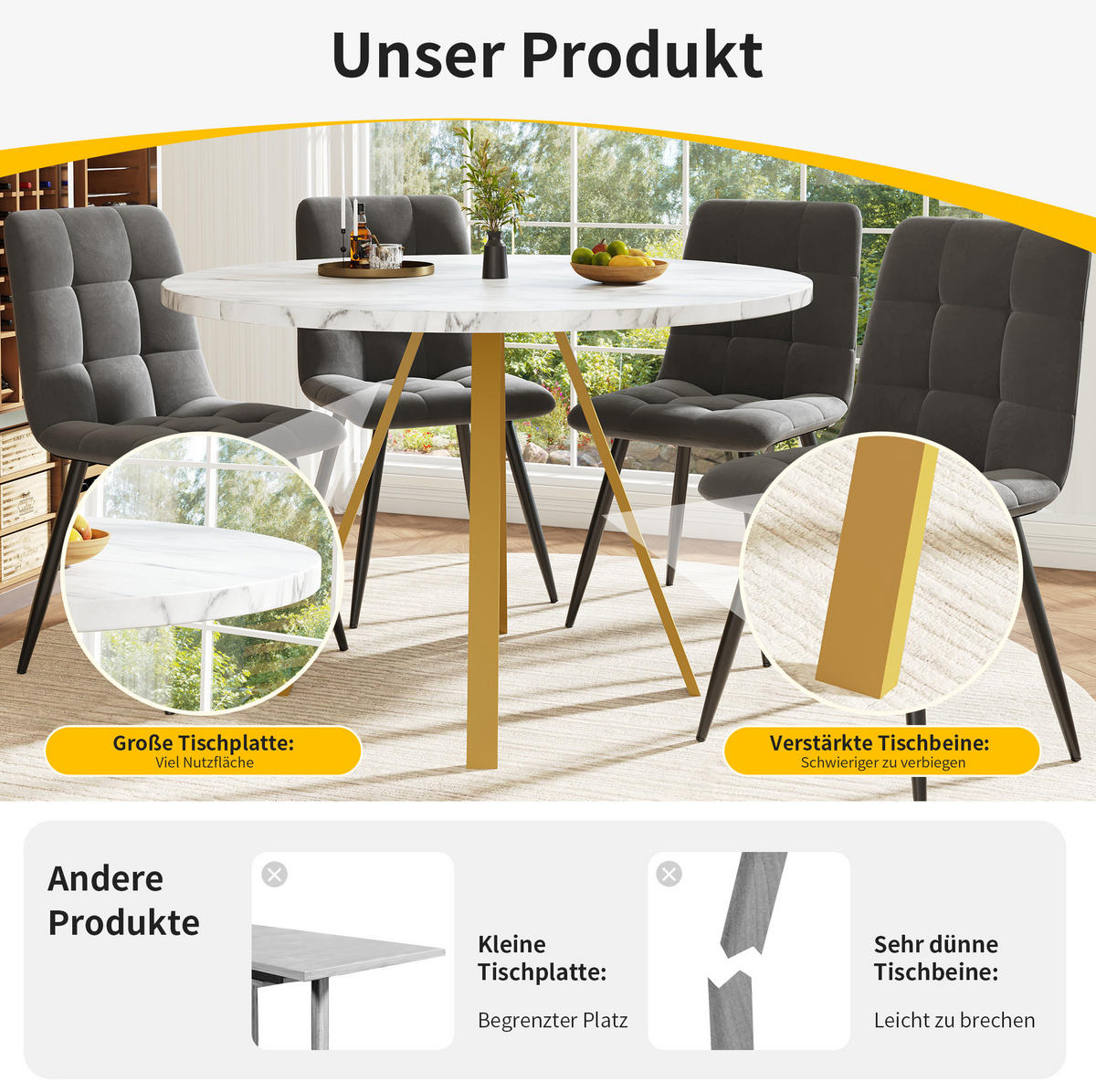 ESSTISCH, MDF-Tischplatte in Marmoroptik & Metallgestell, 80/80/75 cm, Weiß/Gold - Weiß, Holzwerkstoff (80/80/75cm) - Redom